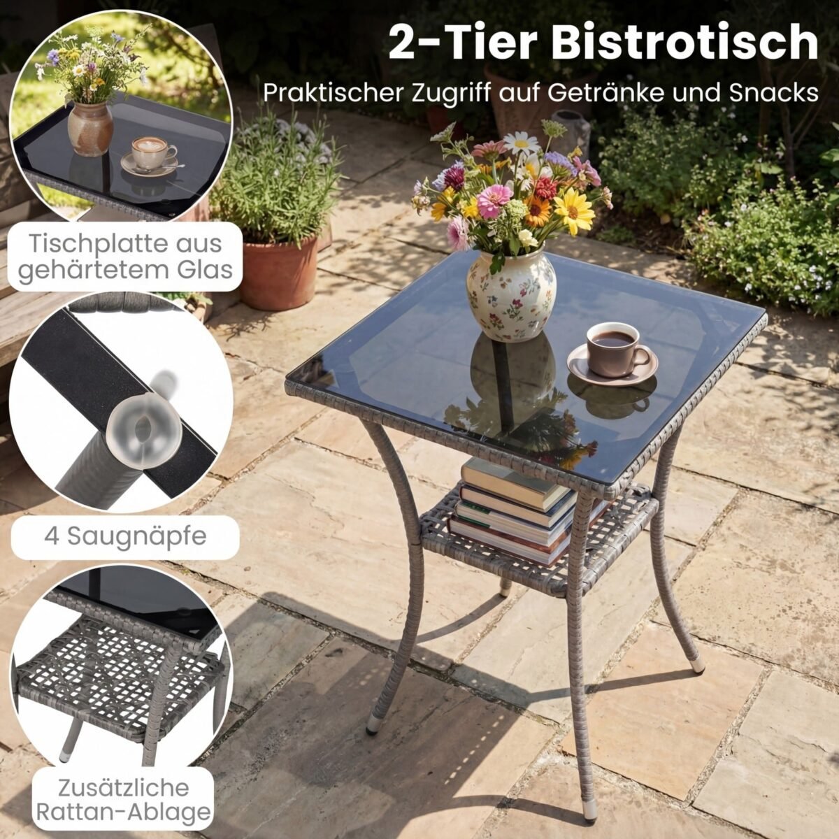 3 dalių bistro baldų komplektas: 2 ratano kėdės ir stalas su grūdinto stiklo paviršiumi (Smėlio) – Paveikslėlis 2