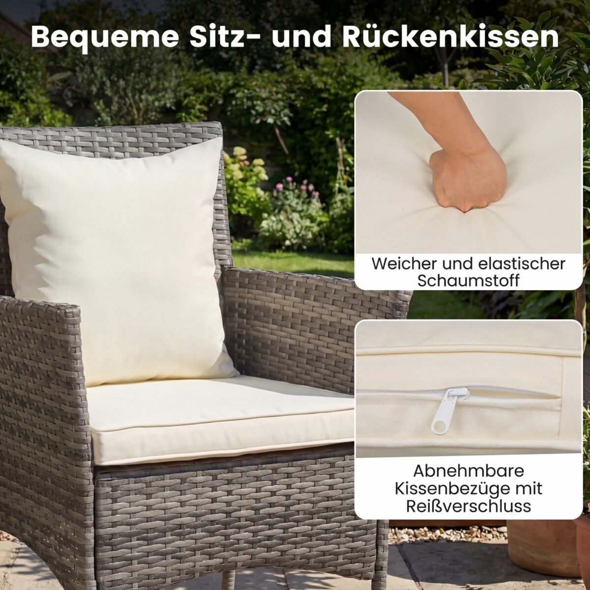 3 dalių bistro baldų komplektas: 2 ratano kėdės ir stalas su grūdinto stiklo paviršiumi (Smėlio) – Paveikslėlis 3