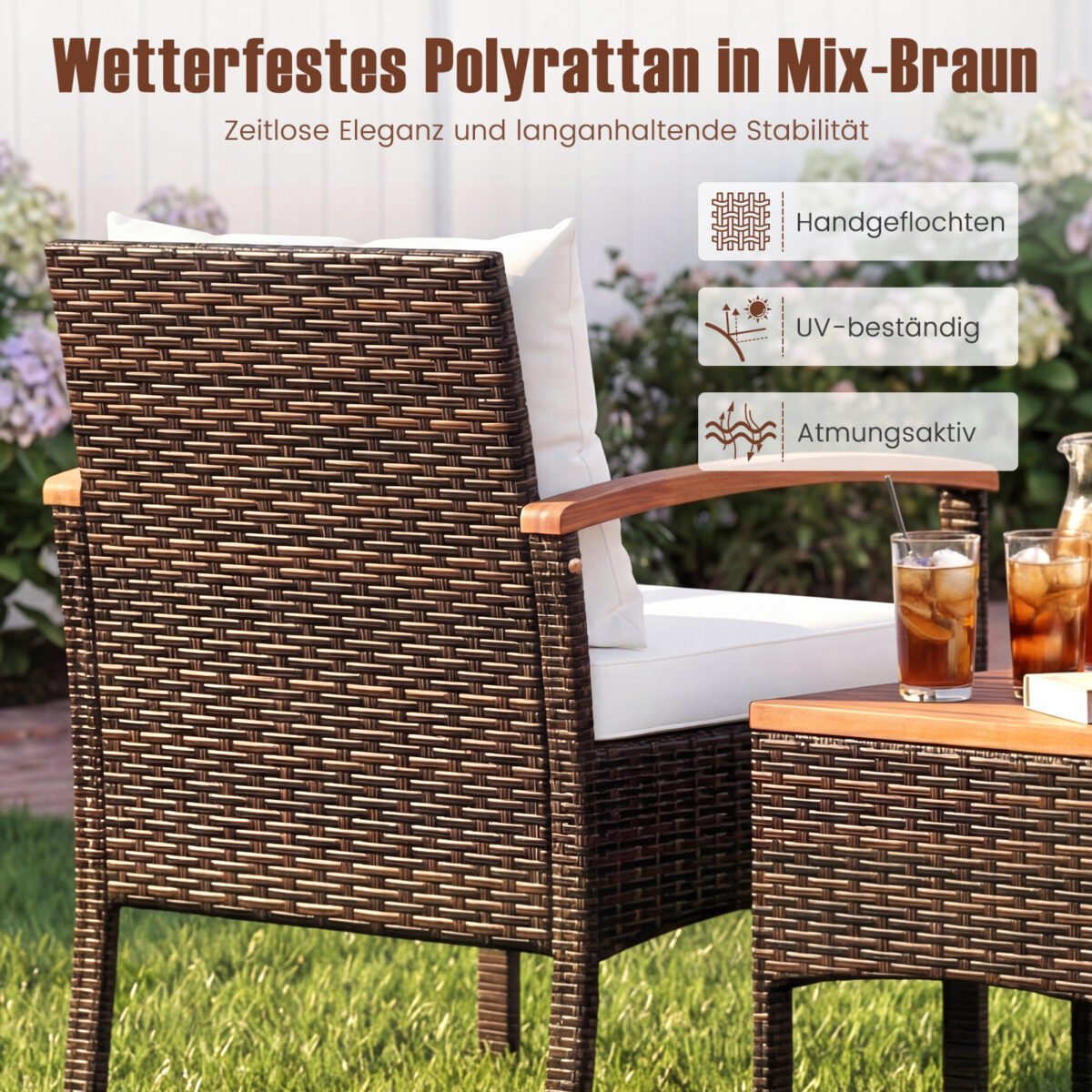 3 dalių lauko baldų komplektas: PE ratano krėslai su akacijos medienos elementais ir staliukas (Smėlio spalvos) – Paveikslėlis 3