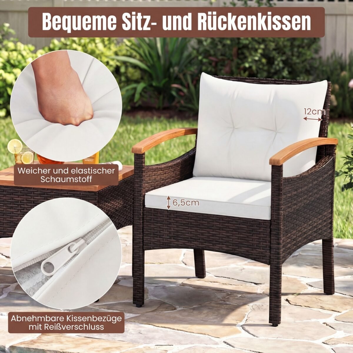 3 dalių lauko baldų komplektas: PE ratano krėslai su akacijos medienos elementais ir staliukas (Smėlio spalvos) – Paveikslėlis 4