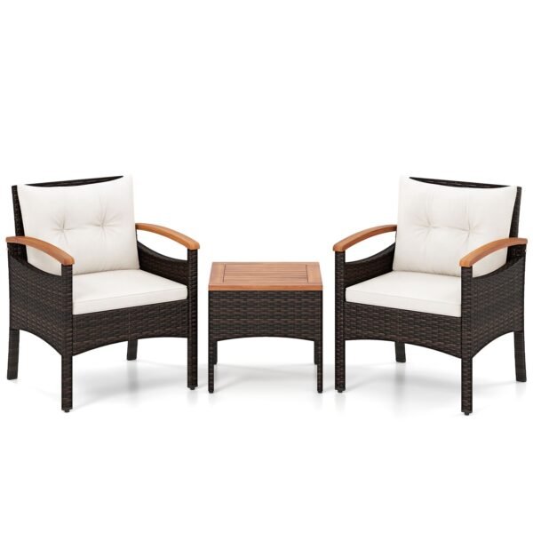 3 dalių lauko baldų komplektas: PE ratano krėslai su akacijos medienos elementais ir staliukas (Smėlio spalvos)