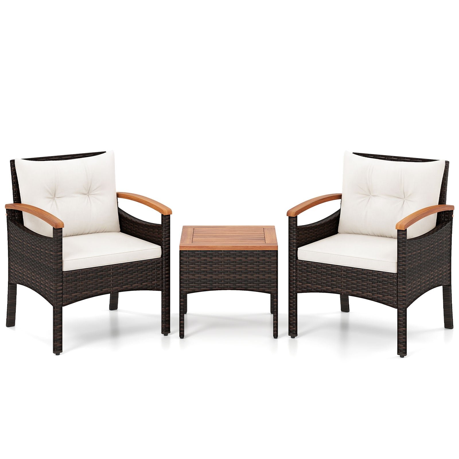 3 dalių lauko baldų komplektas: PE ratano krėslai su akacijos medienos elementais ir staliukas (Smėlio spalvos)