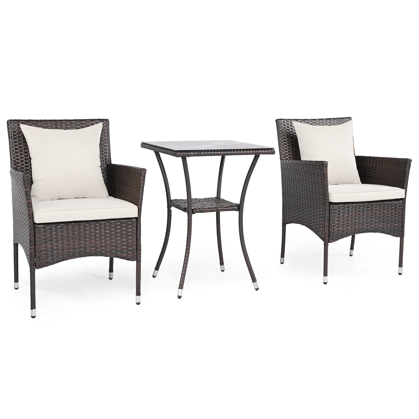 3 dalių lauko baldų komplektas su dviem pintais krėslais ir stalu su stikliniu stalviršiu (Pilka)