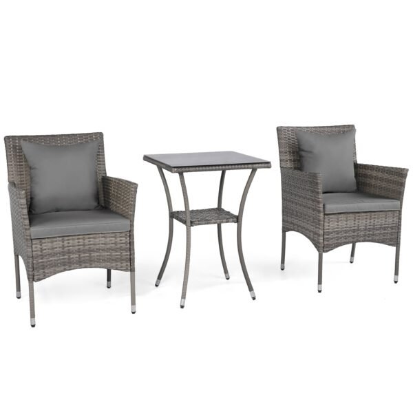 3 dalių lauko baldų komplektas su rotango kėdėmis ir grūdinto stiklo stalu (Pilka)
