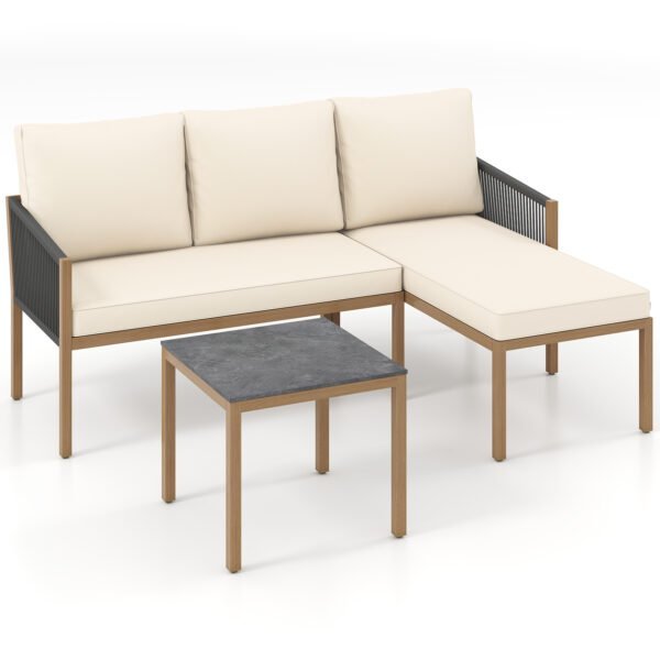 3 dalių lauko baldų komplektas su stalu ir patogiomis pagalvėlėmis (Smėlio)