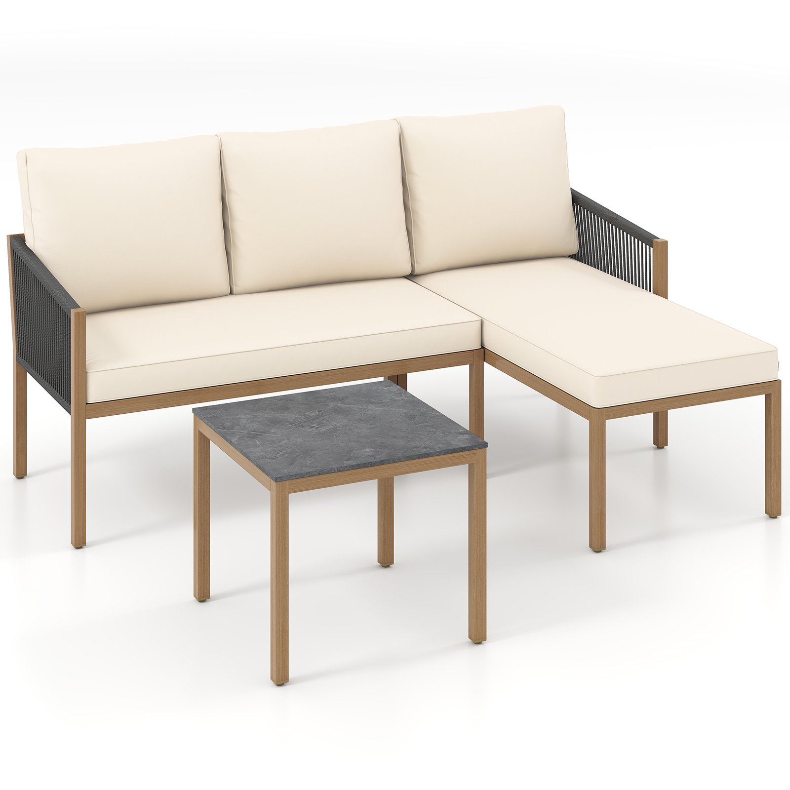 3 dalių lauko baldų komplektas su stalu ir patogiomis pagalvėlėmis (Smėlio)