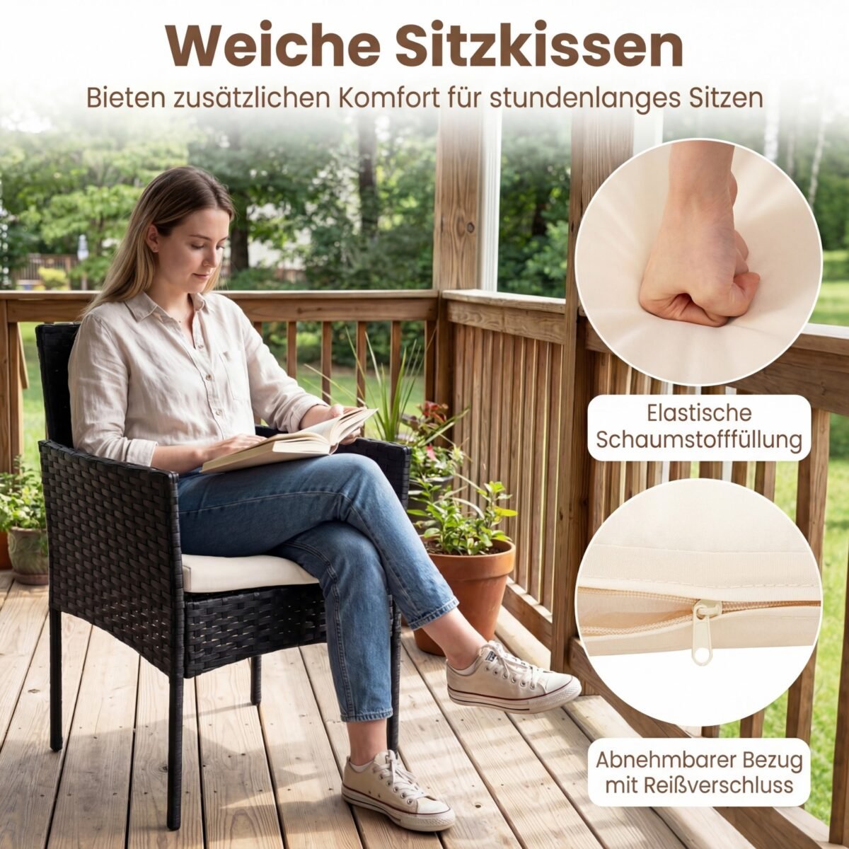 3 dalių ratano baldų komplektas su 2 kėdėmis ir stalu (Smėlio) – Paveikslėlis 3