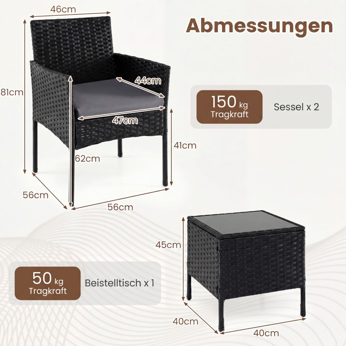 3 dalių ratano lauko baldų komplektas su 2 kėdėmis ir stalu (Pilka) – Paveikslėlis 2