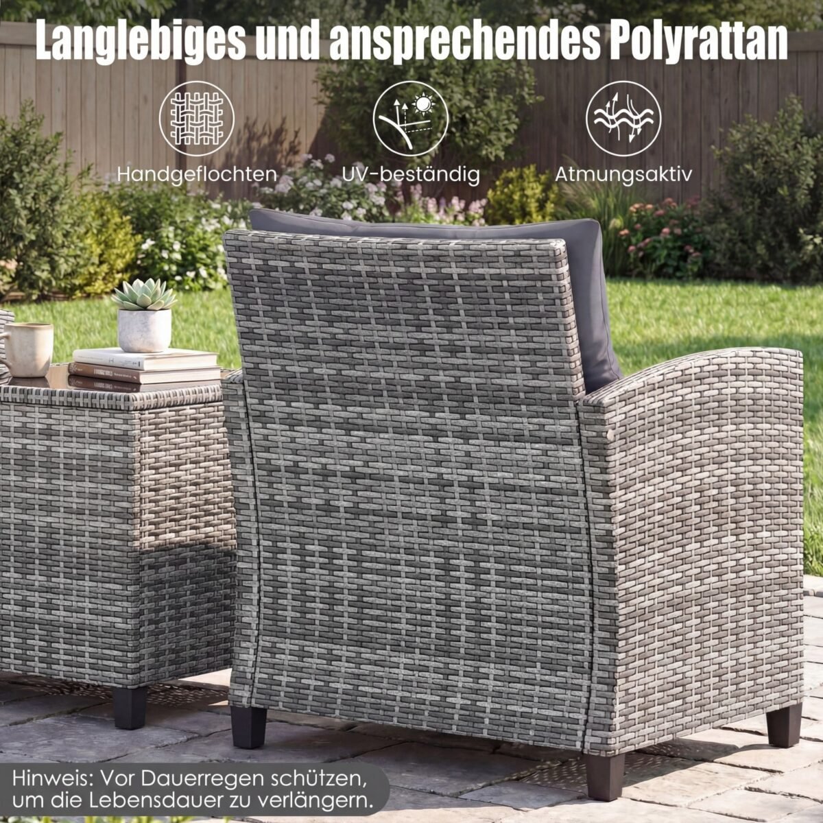 3 dalių ratano lauko baldų komplektas su 2 kėdėmis ir stalu (Pilka) – Paveikslėlis 3