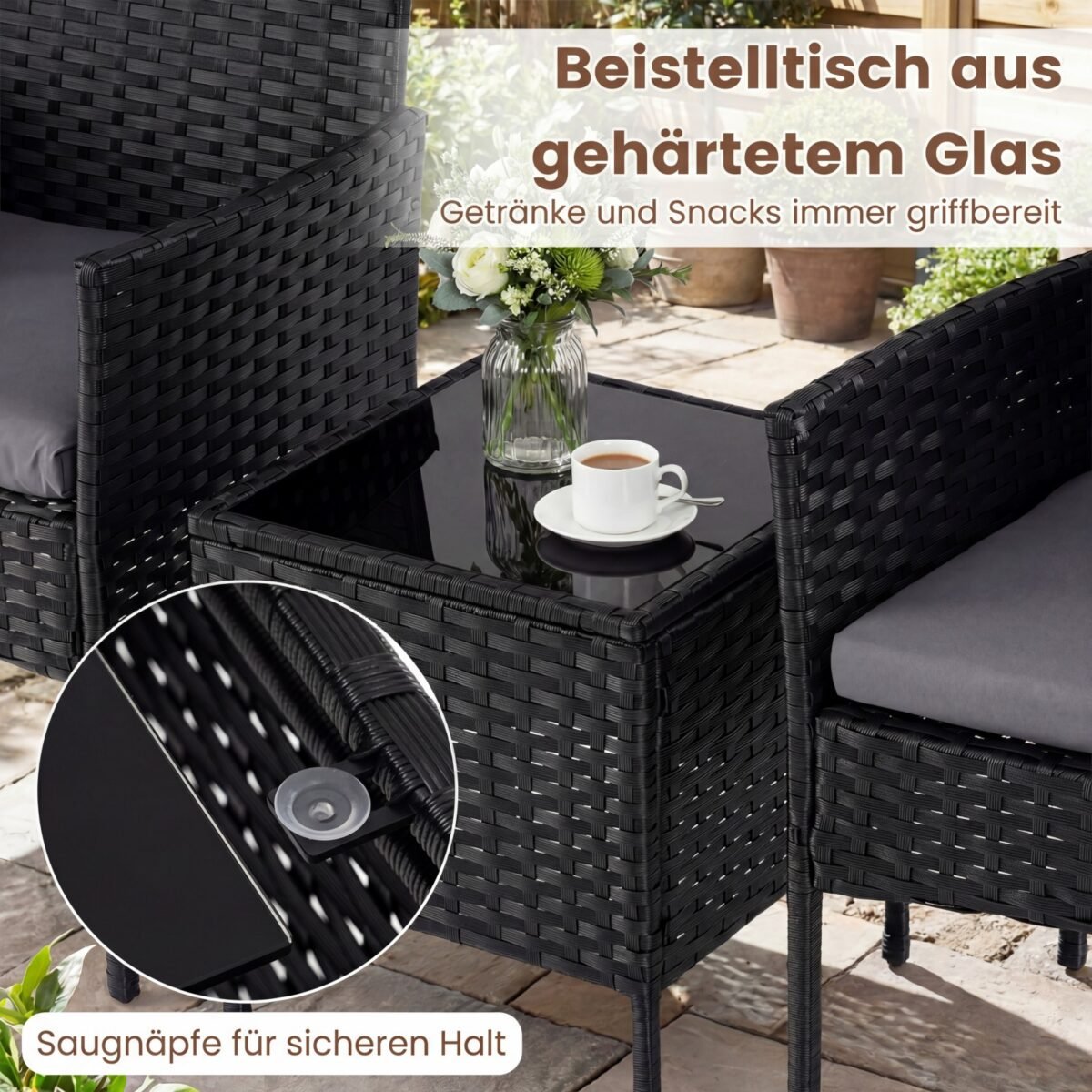 3 dalių ratano lauko baldų komplektas su 2 kėdėmis ir stalu (Pilka) – Paveikslėlis 4