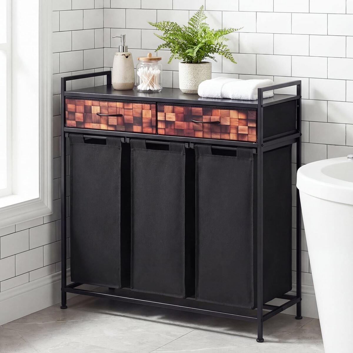 3 dalių skalbinių krepšių stovas su išimamais krepšiais ir lentyna (Ruda + Juoda) – Paveikslėlis 2