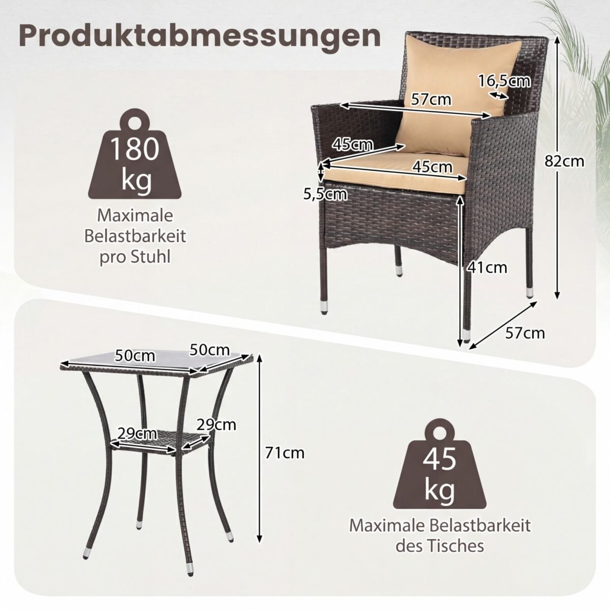 3 dalių sodo baldų komplektas su 2 ratano kėdėmis ir stiklo staliuku (Ruda) – Paveikslėlis 2