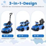 Vaikiškas paspiriamas automobilis su stūmimo rankena ir apsauginiu lankeliu 3-in-1 (Mėlyna) – Paveikslėlis 3