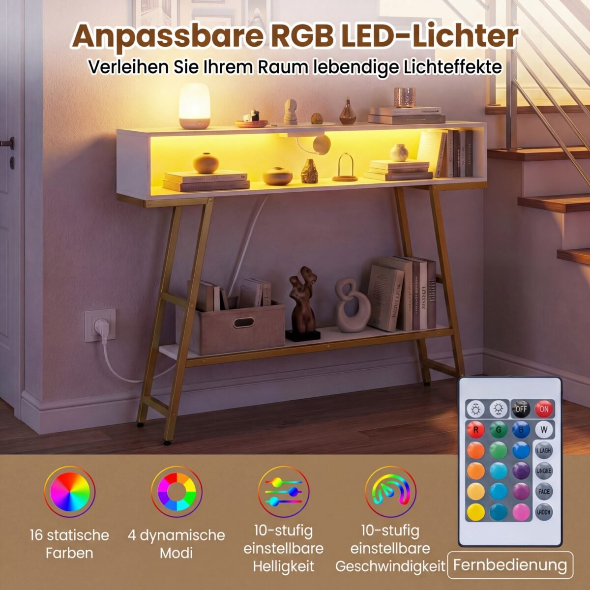 3 pakopų konsolinis staliukas su LED apšvietimu ir įkrovimo stotele (Balta) – Paveikslėlis 3