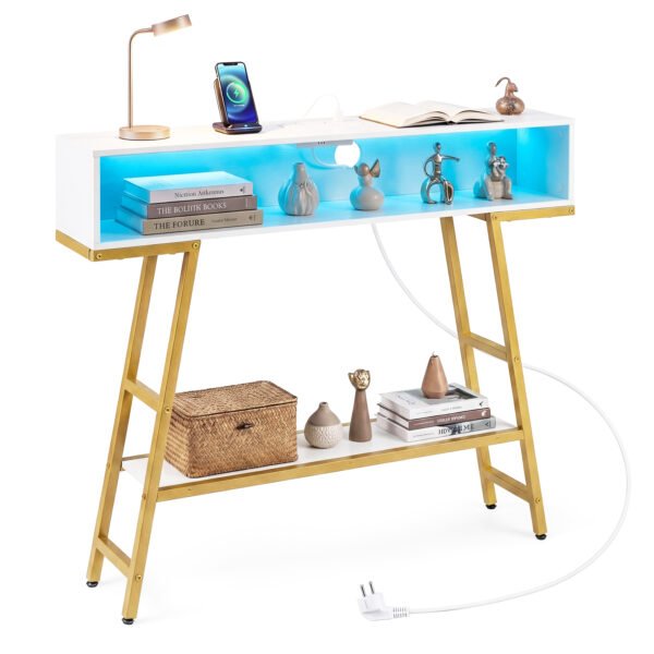 3 pakopų konsolinis staliukas su LED apšvietimu ir įkrovimo stotele (Balta)