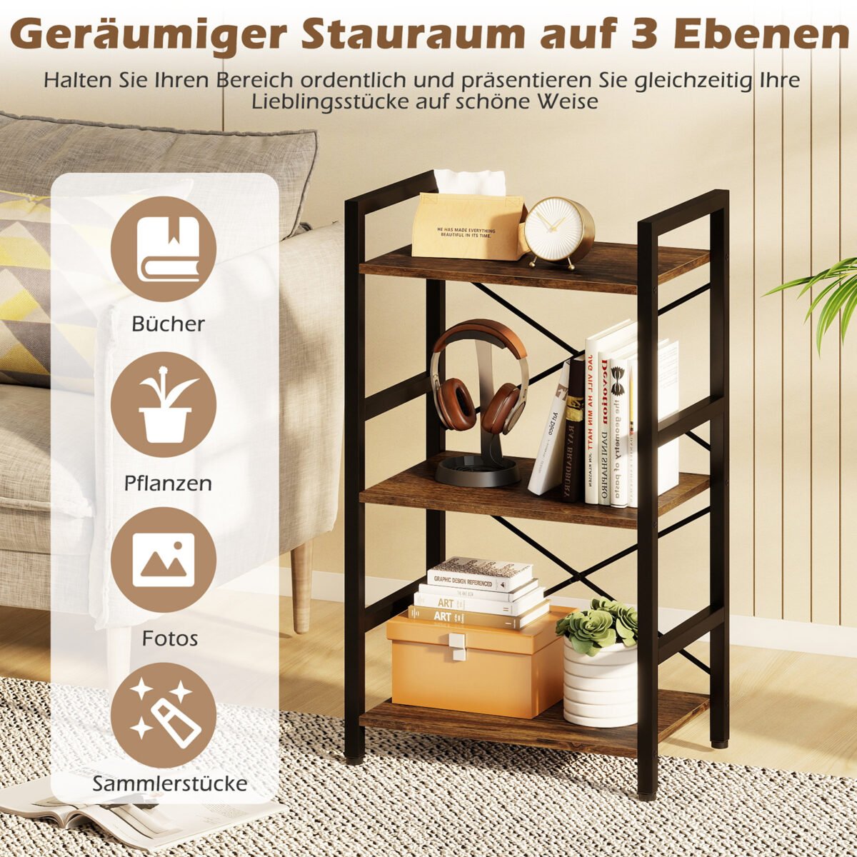 3-pakopų stovimoji lentyna su metaliniu rėmu ir apsauga nuo apvirtimo (Kaimiška ruda) – Paveikslėlis 3