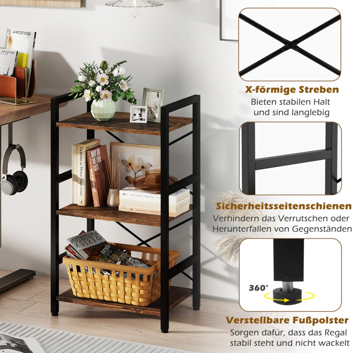 3-pakopų stovimoji lentyna su metaliniu rėmu ir apsauga nuo apvirtimo (Kaimiška ruda) – Paveikslėlis 5