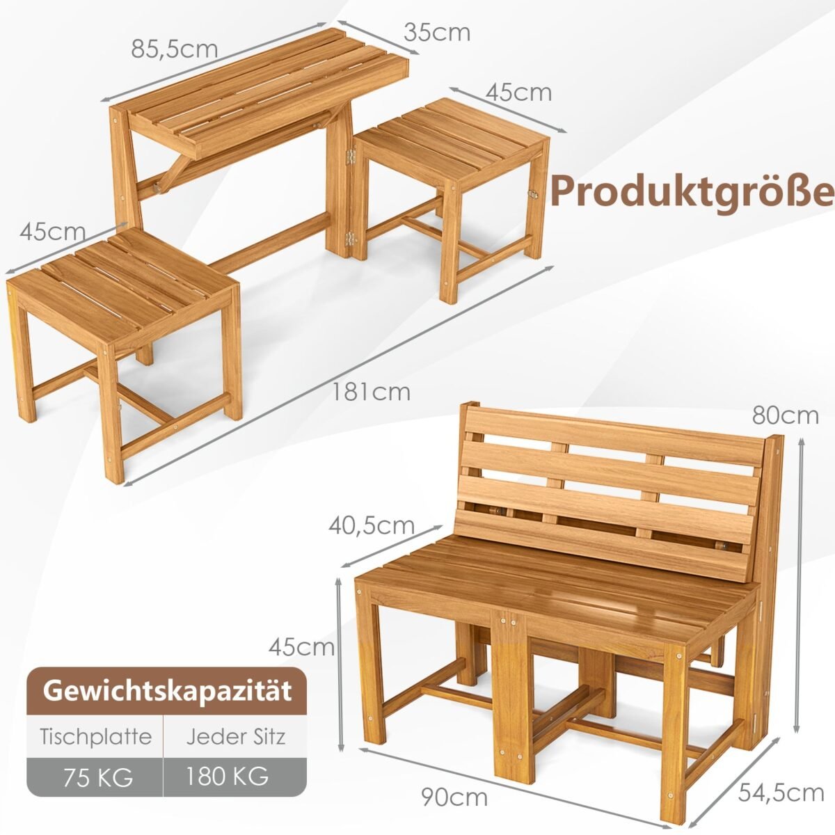 3 viename Konvertuojamas Sodo Baldų Komplektas iš Akacijos Medienos (Natūrali) – Paveikslėlis 2