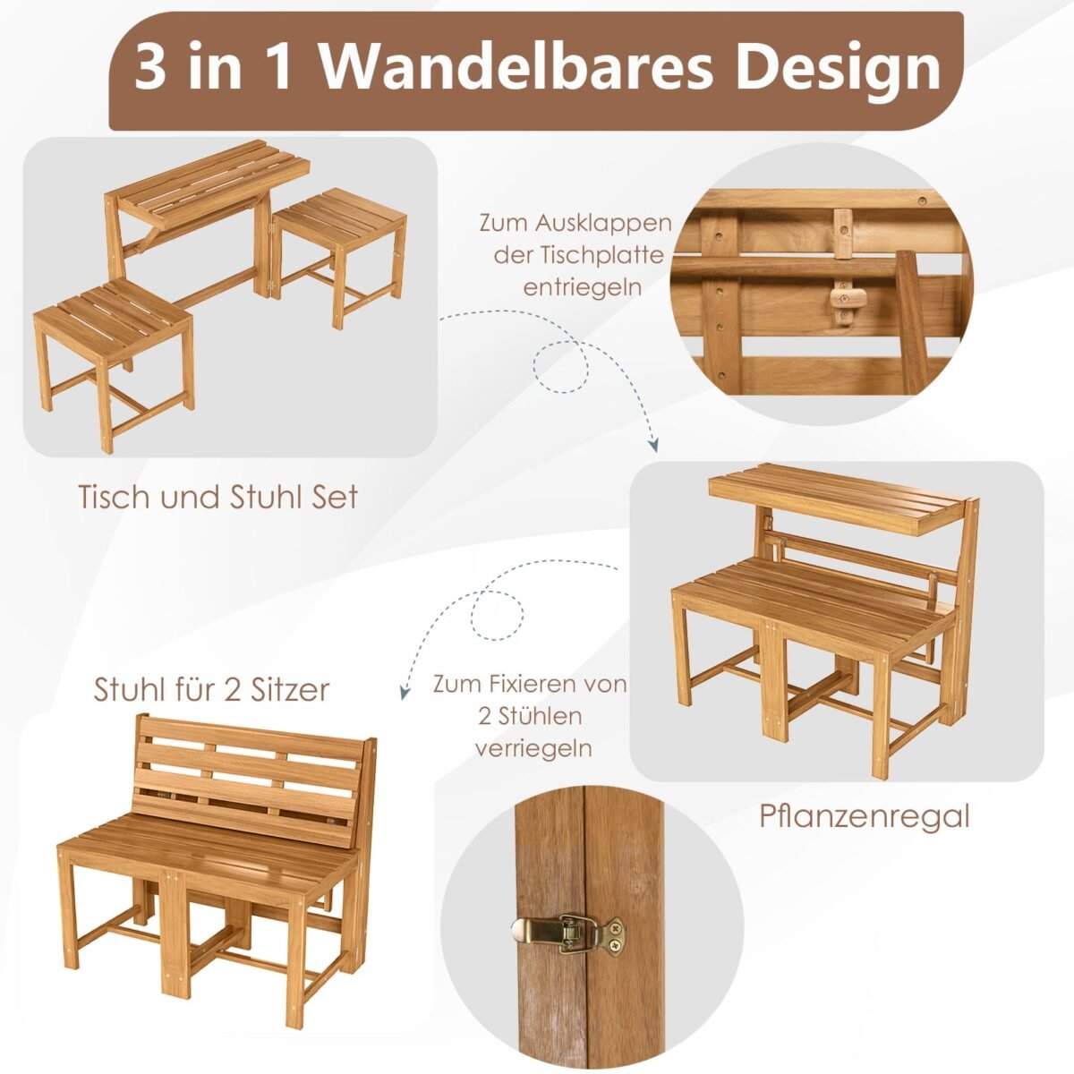 3 viename Konvertuojamas Sodo Baldų Komplektas iš Akacijos Medienos (Natūrali) – Paveikslėlis 3