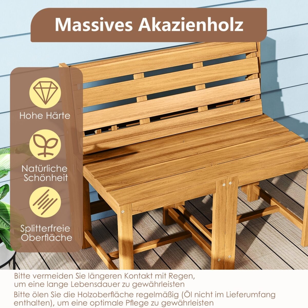 3 viename Konvertuojamas Sodo Baldų Komplektas iš Akacijos Medienos (Natūrali) – Paveikslėlis 4