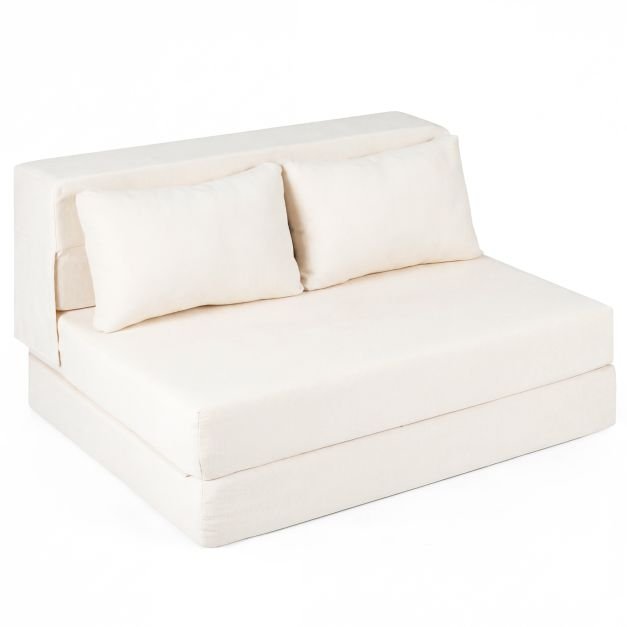 3-viename-sulankstoma-sofa-lova-su-dviem-pagalvemis-smelio-spalva Sulankstoma sofa-lova su dviem pagalvėmis (Smėlio spalva) – Paveikslėlis 1