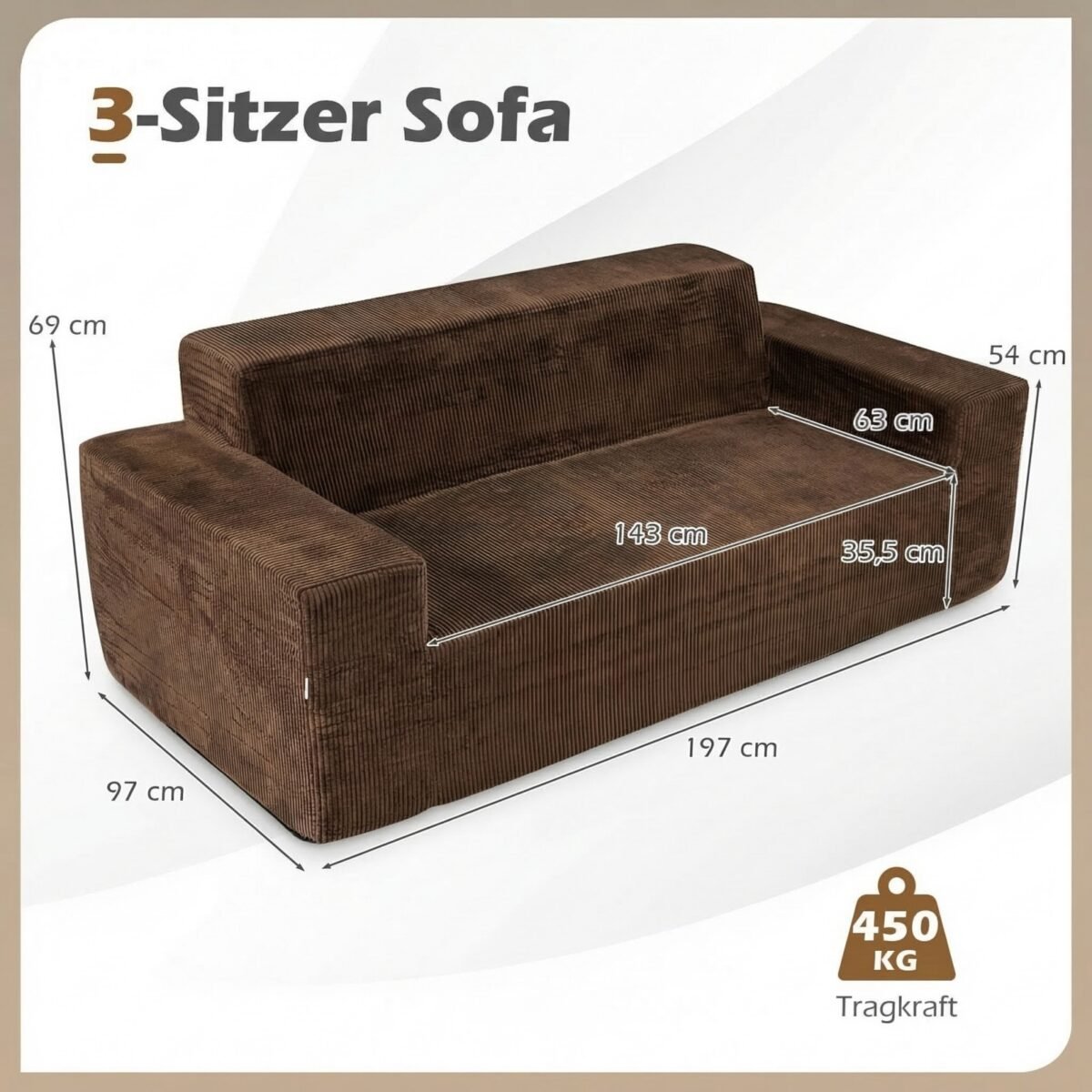 3-vietė kordinė sofa su aukšta atrama nugarai (Ruda) – Paveikslėlis 2