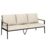 3 vietų pinta lauko sofa su medžio imitacijos porankiais ir nuimamomis pagalvėlėmis
