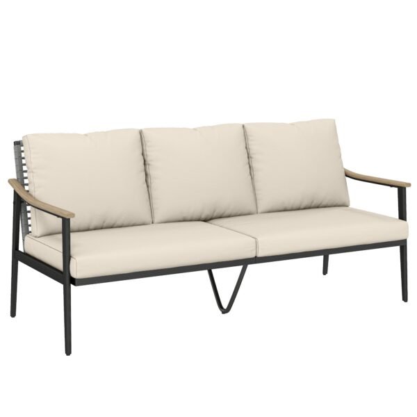 3 vietų pinta lauko sofa su medžio imitacijos porankiais ir nuimamomis pagalvėlėmis
