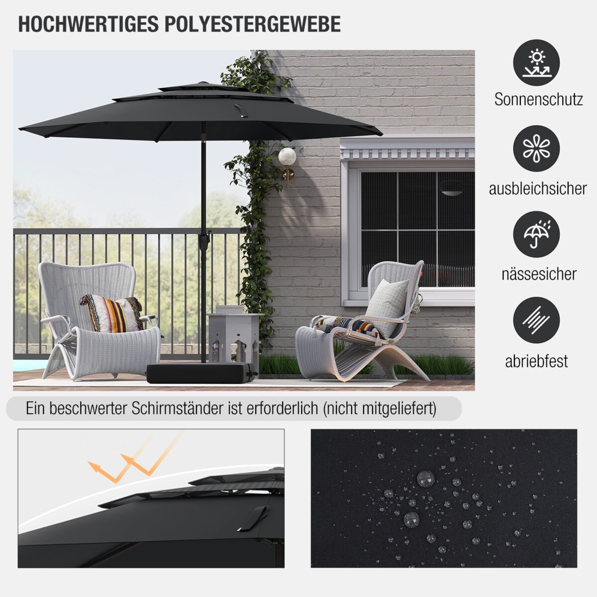 Terasos skėtis su pakreipimo mechanizmu (Juoda) – Paveikslėlis 2