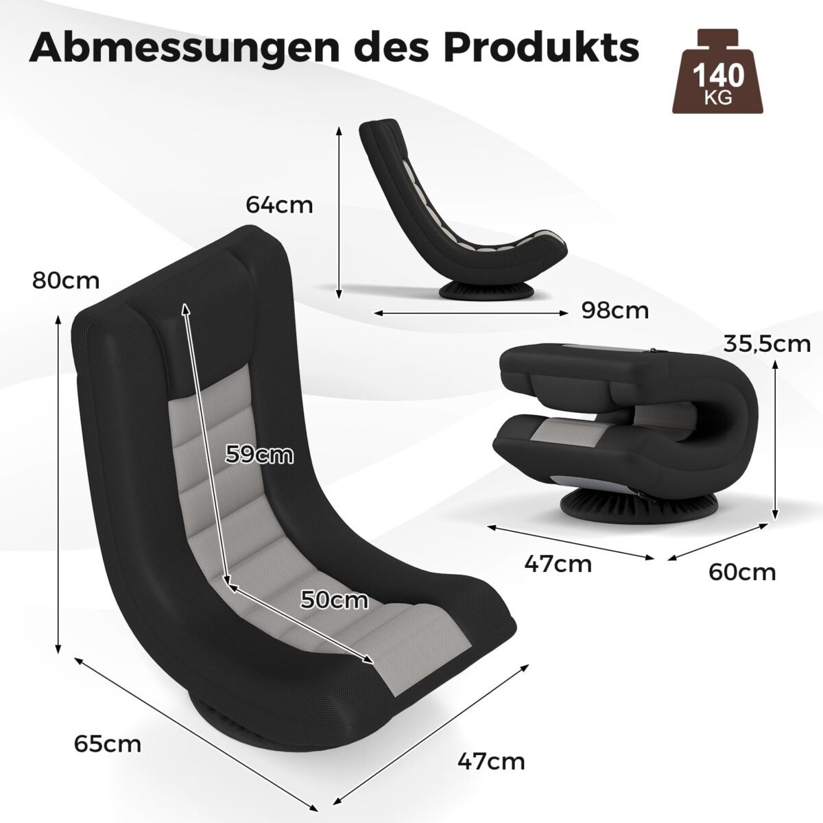 Pasukamas reguliuojamas grindų krėslas su juosmens atrama (Pilka-juoda) – Paveikslėlis 2