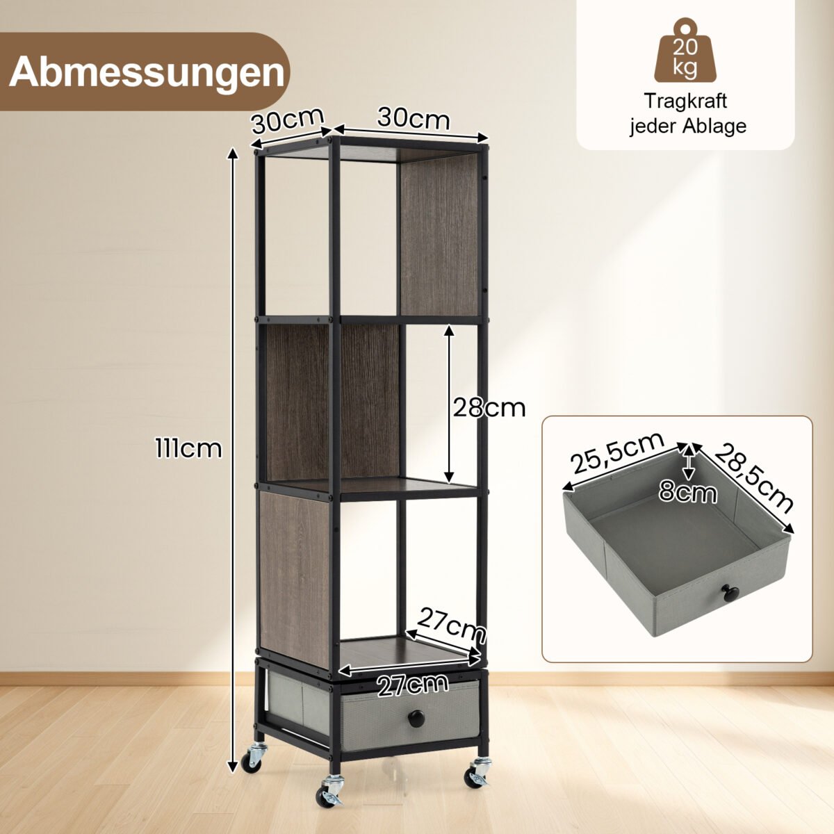 4 aukštų besisukanti knygų lentyna su ratukais (Pilka) – Paveikslėlis 2