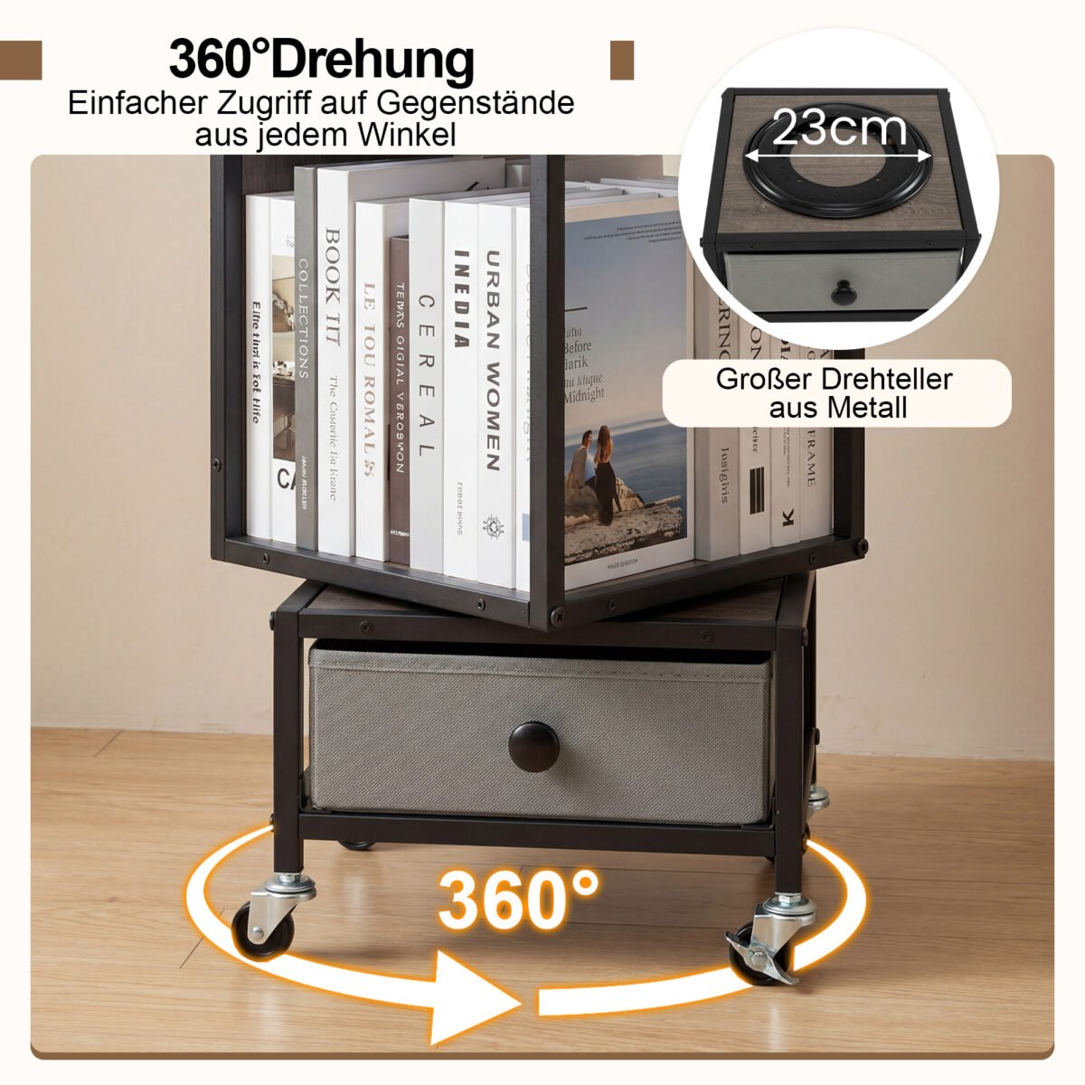 4 aukštų besisukanti knygų lentyna su ratukais (Pilka) – Paveikslėlis 4