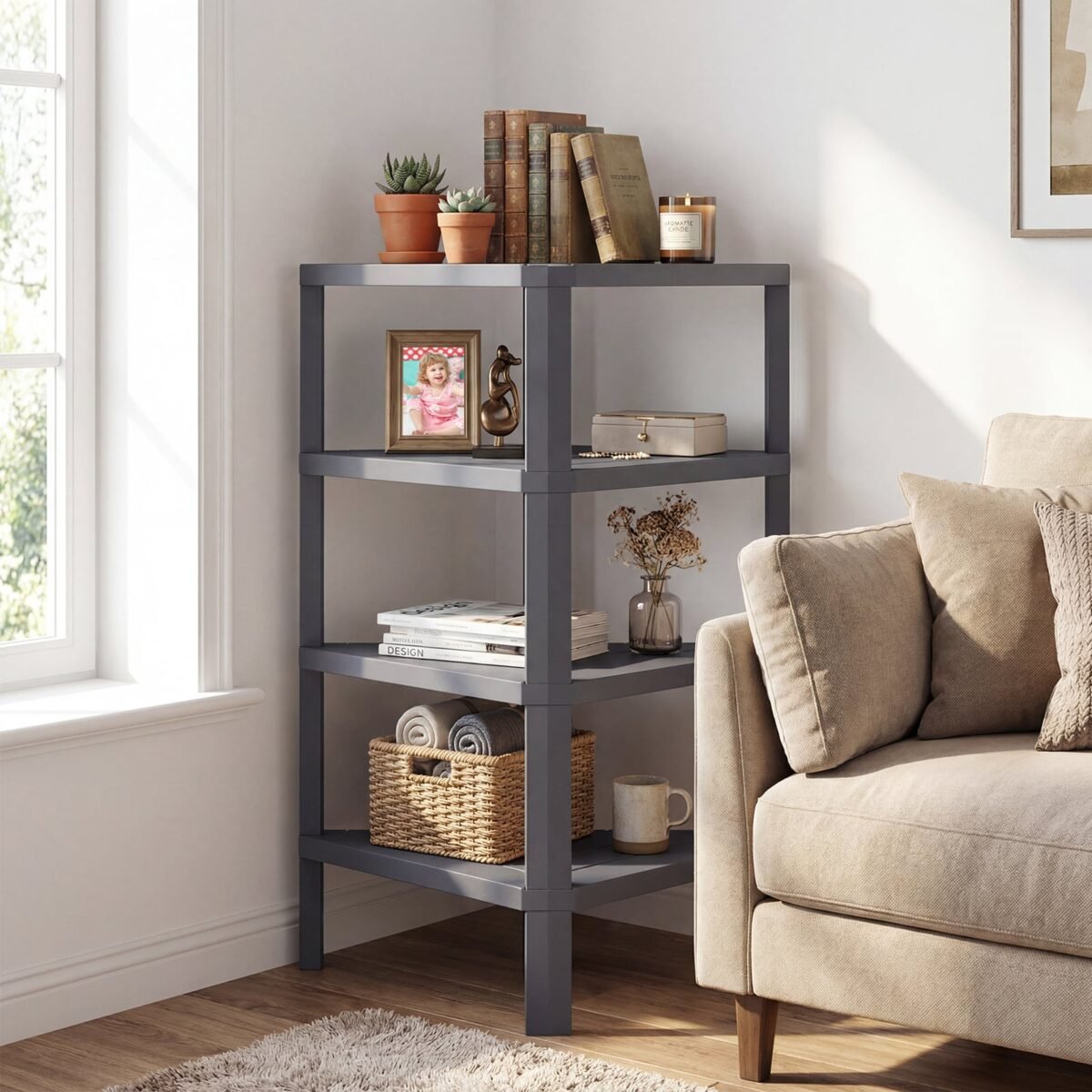 4 aukštų kampinė atvira lentyna (Pilka) – Paveikslėlis 5
