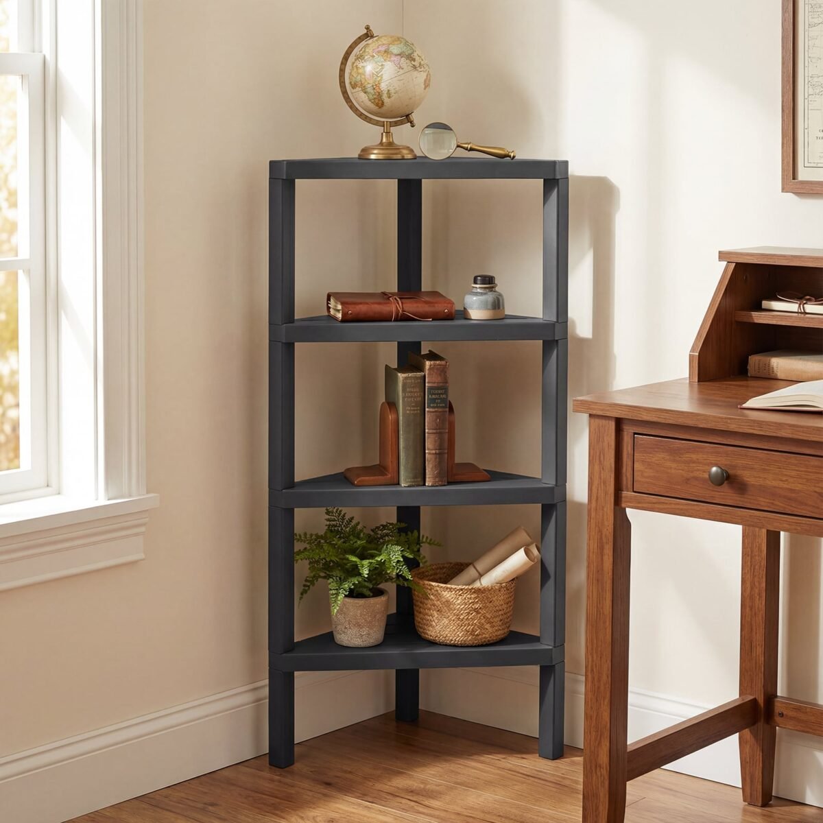 4 aukštų kampinė lentyna su atviromis grotuotomis lentynomis (Juoda) – Paveikslėlis 4