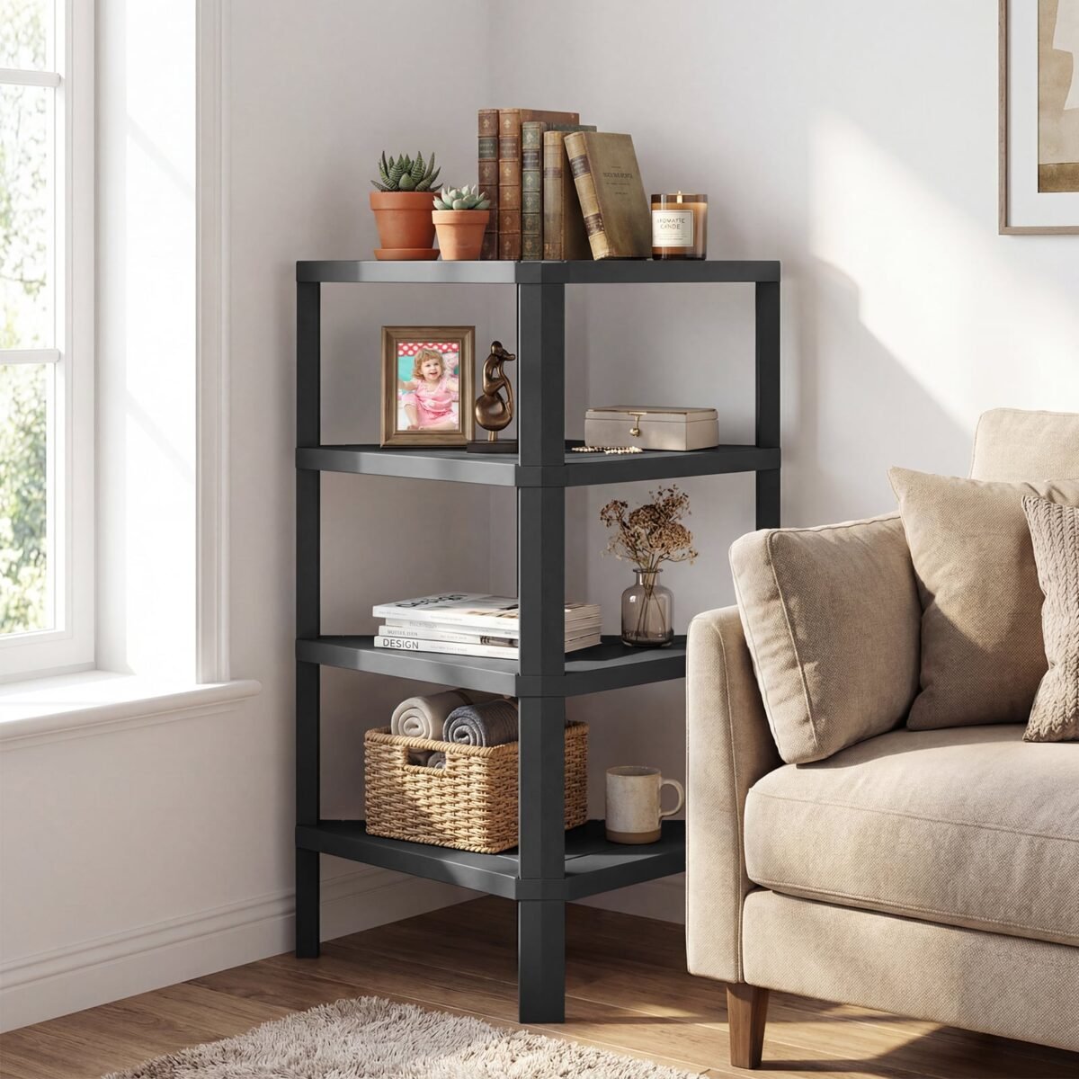 4 aukštų kampinė lentyna su atviromis grotuotomis lentynomis (Juoda) – Paveikslėlis 5