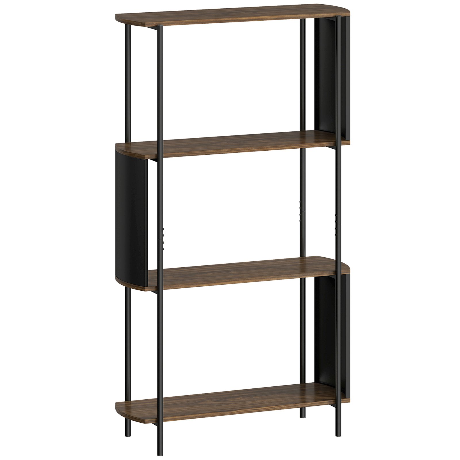 4 aukštų lentyna su lenktu industriniu rėmu ir medžio rašto lentynomis