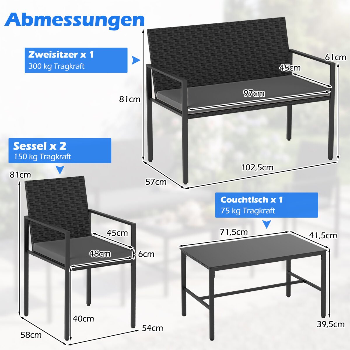 4 dalių PE ratano lauko baldų komplektas (Pilka) – Paveikslėlis 2