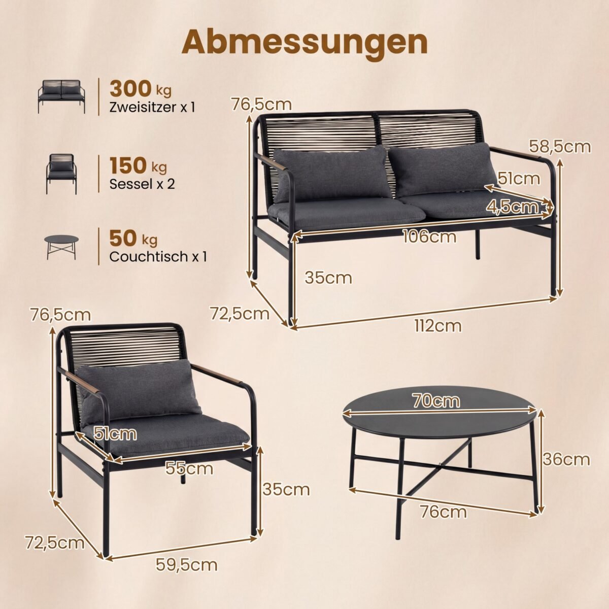 4 dalių sodo baldų komplektas iš PE ratano su kavos staliuku (Pilka) – Paveikslėlis 5