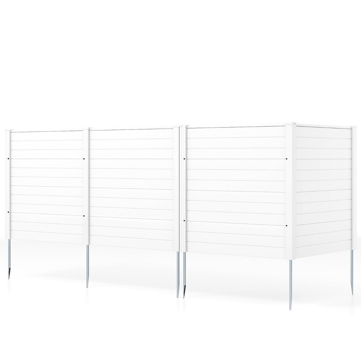 4 dalių dekoratyvinė privatumo tvora su cinkuotais metalo kuoleliais (Balta)