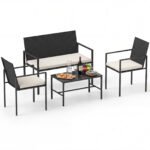 4 dalių lauko baldų komplektas: ratano krėslai dvivietė sofa ir staliukas su grūdinto stiklo stalviršiu (Smėlio)