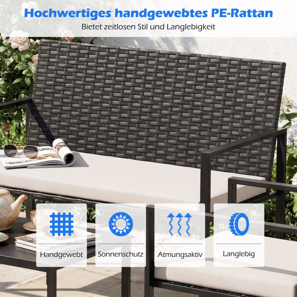 4 dalių lauko baldų komplektas: ratano krėslai dvivietė sofa ir staliukas su grūdinto stiklo stalviršiu (Smėlio)