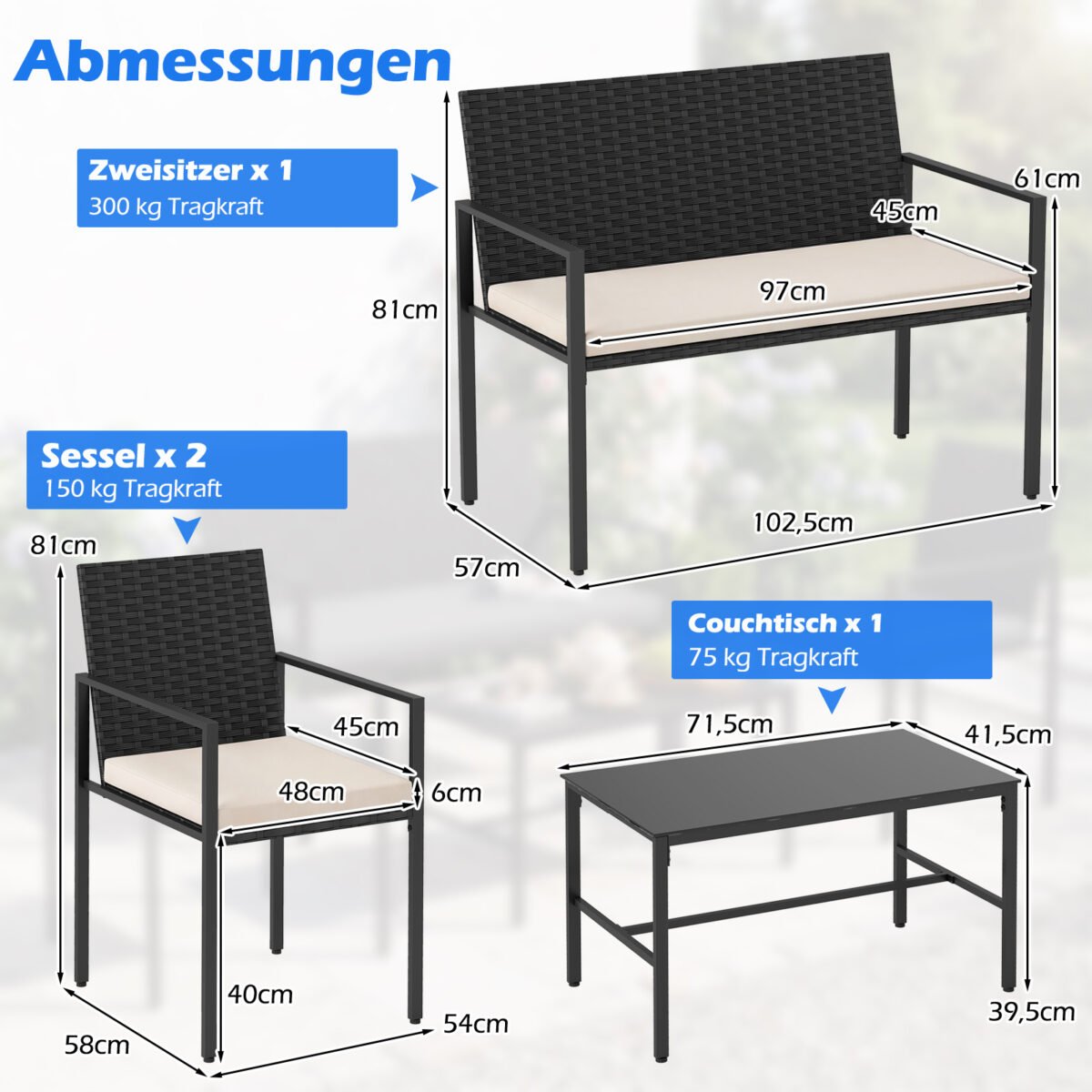 4 dalių lauko baldų komplektas: ratano krėslai dvivietė sofa ir staliukas su grūdinto stiklo stalviršiu (Smėlio) – Paveikslėlis 2