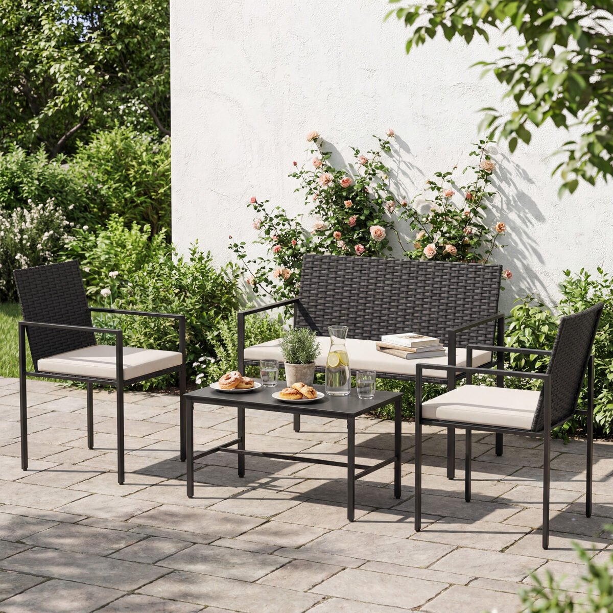 4 dalių lauko baldų komplektas: ratano krėslai dvivietė sofa ir staliukas su grūdinto stiklo stalviršiu (Smėlio) – Paveikslėlis 3