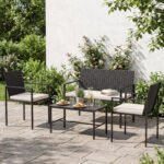 4 dalių lauko baldų komplektas: ratano krėslai dvivietė sofa ir staliukas su grūdinto stiklo stalviršiu (Smėlio) – Paveikslėlis 3