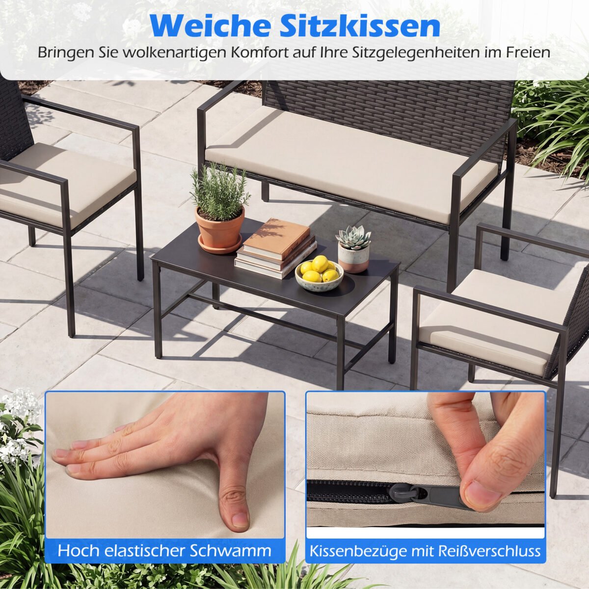 4 dalių lauko baldų komplektas: ratano krėslai dvivietė sofa ir staliukas su grūdinto stiklo stalviršiu (Smėlio) – Paveikslėlis 4