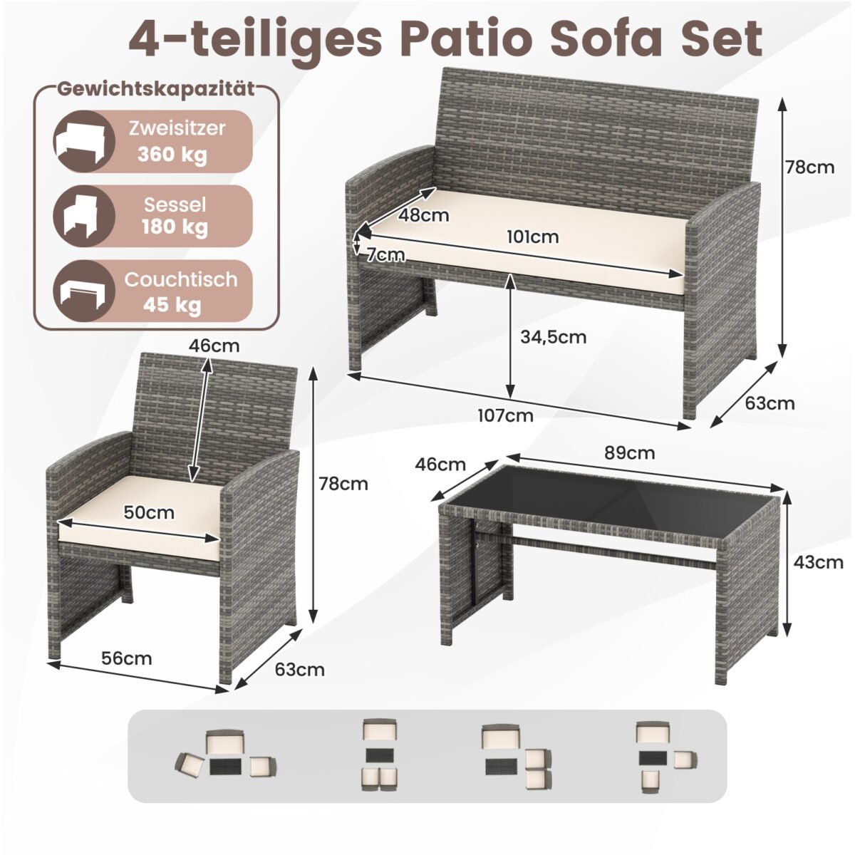 4 dalių pintų lauko baldų komplektas su dvisėde sofa 2 krėslais ir staliuku (Smėlio) – Paveikslėlis 5