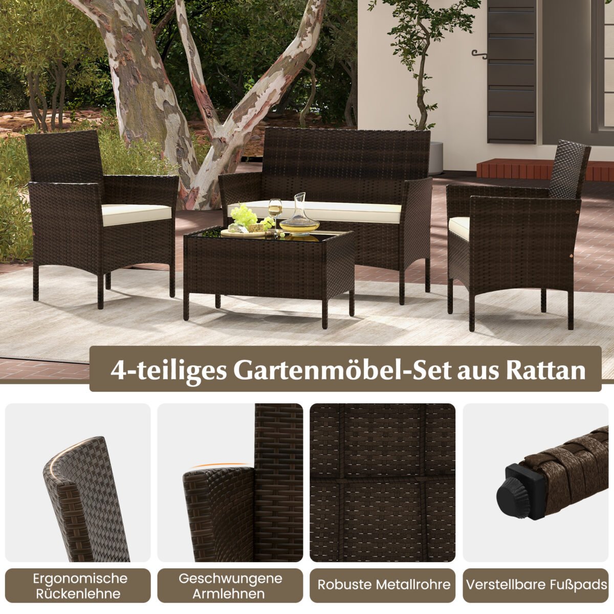 4 dalių rataninis sodo baldų komplektas su dviviete sofa krėslais ir stiklinio paviršiaus staliuku (Ruda) – Paveikslėlis 4