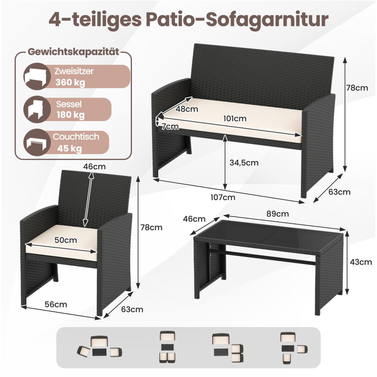 4 dalių ratano lauko baldų komplektas su dviviete sofa ir stiklo staliuku (Smėlio spalva) – Paveikslėlis 2