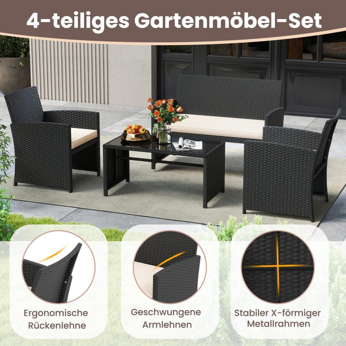 4 dalių ratano lauko baldų komplektas su dviviete sofa ir stiklo staliuku (Smėlio spalva) – Paveikslėlis 4