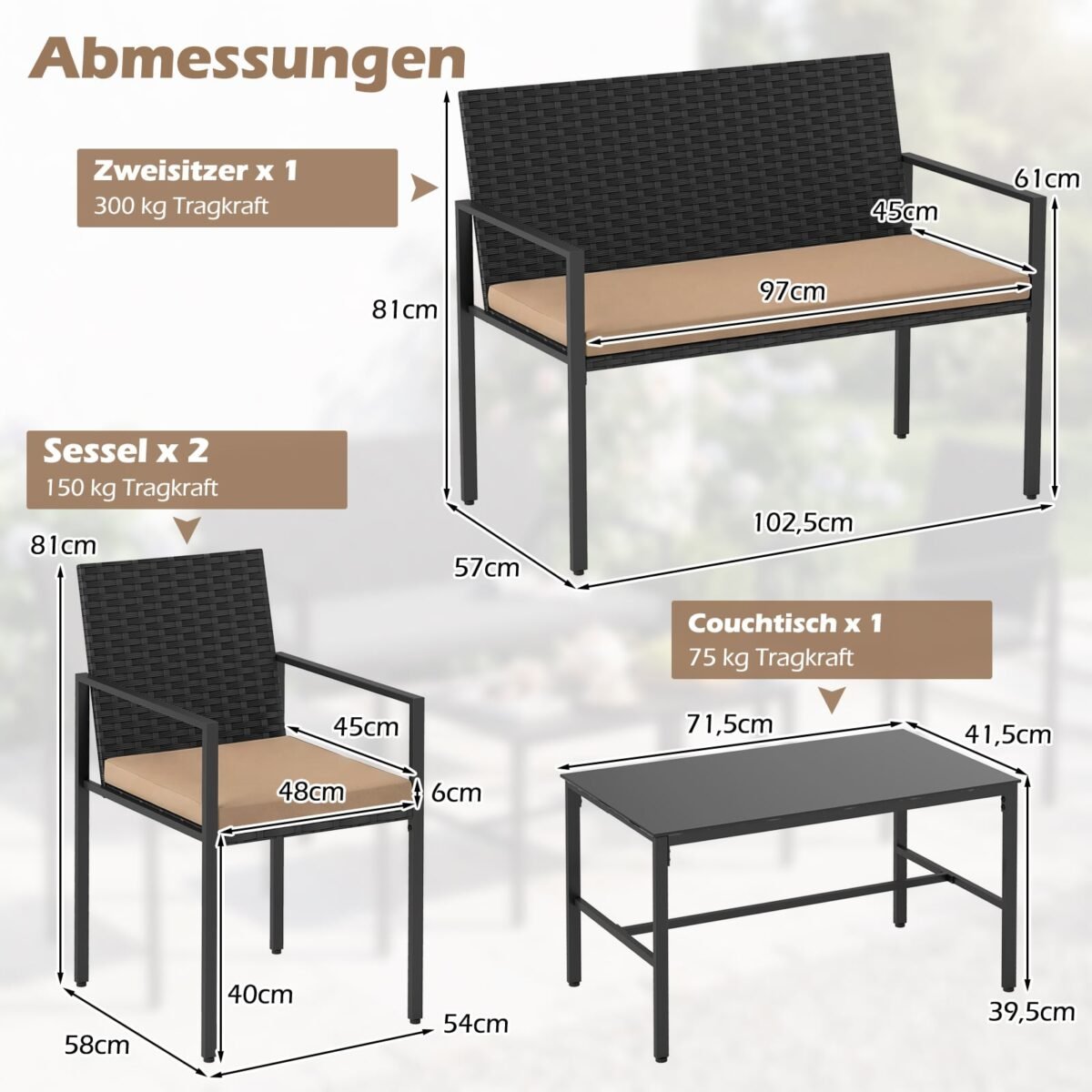 4 dalių ratano lauko baldų komplektas su stalu (Ruda) – Paveikslėlis 2